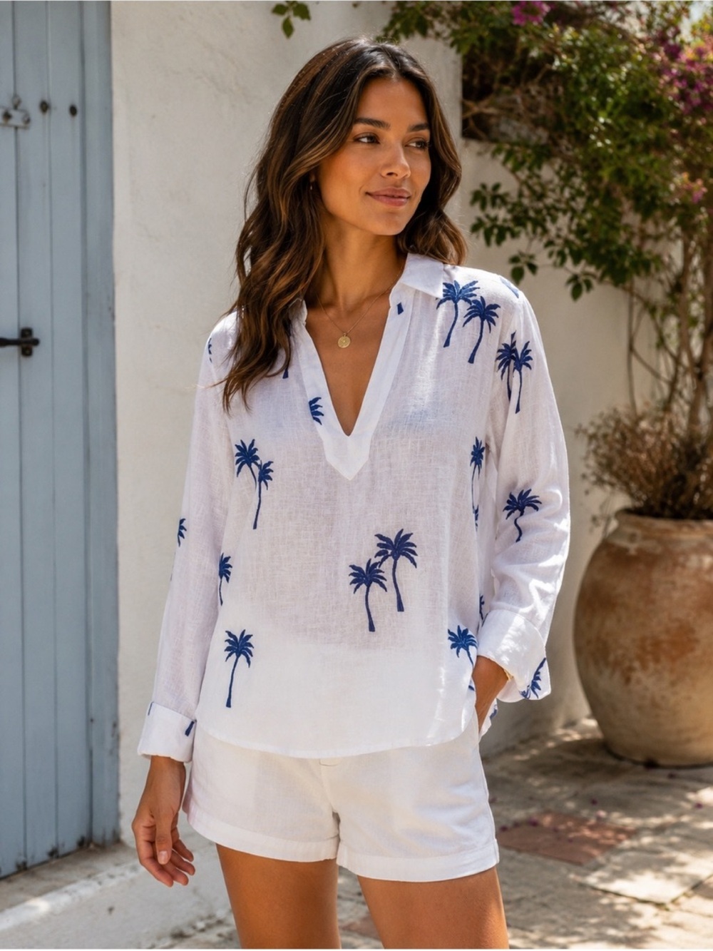 Calypso St. Barth White V-Neck Linen Blouse with Blue Palm Print
